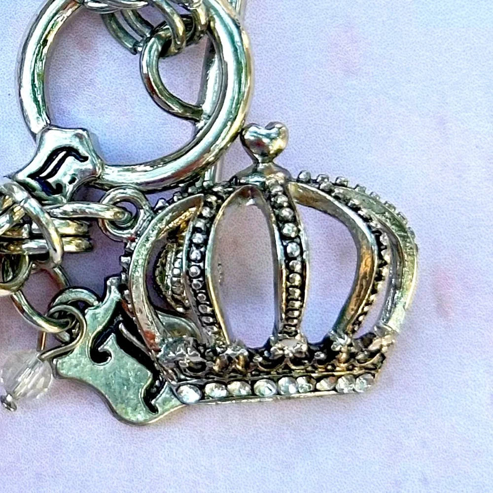 Juicy Couture Pearl Crystal Crown Charm Toggle Bracelet Silver Glam NWT